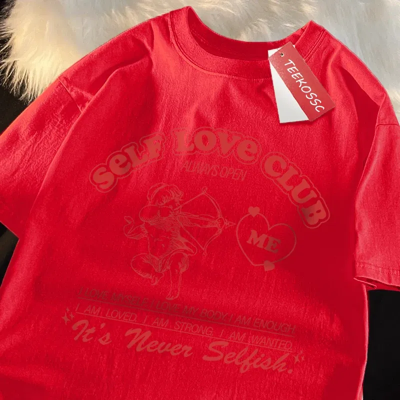 Color: Gold, Size: XL - Self Love Club Fun Cupid Men Women T Shirts Breathable Street Tee Clothes Cotton Summer Fashion Loose Casual Oversized T Shirt
