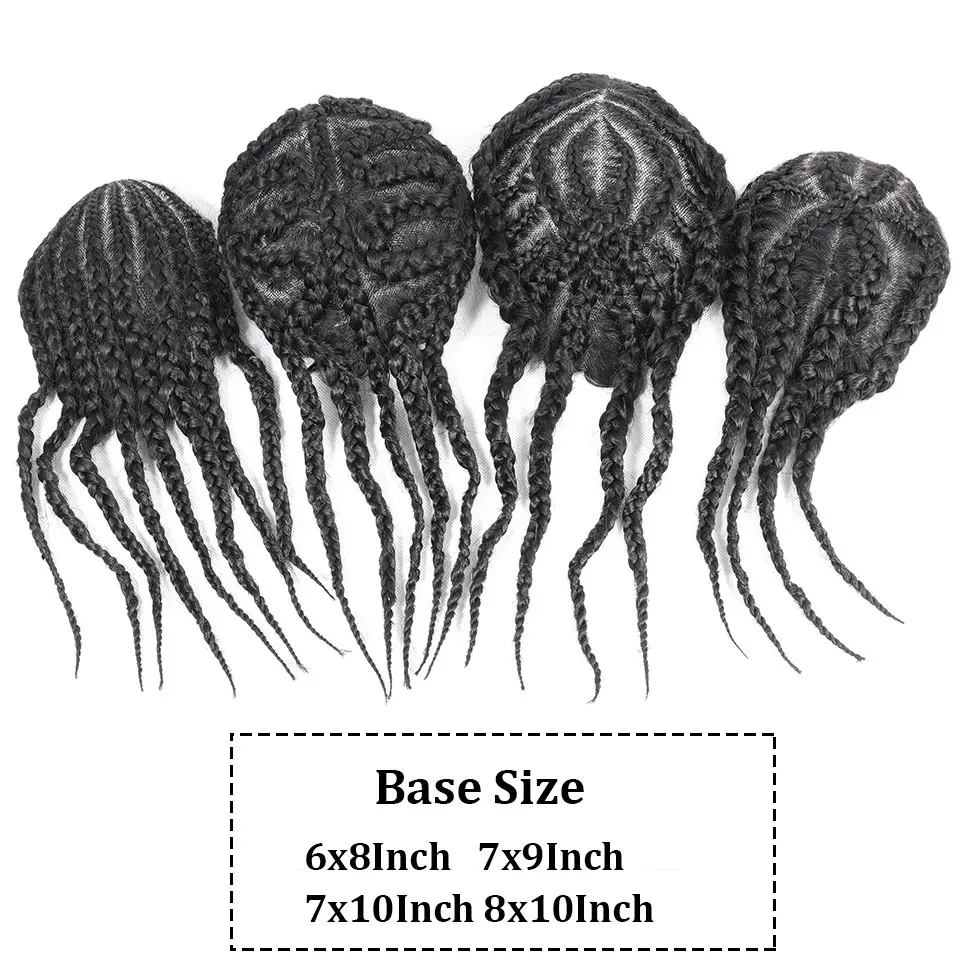 1B Cornrow Box Braided Toupee For Men Human HairPiece Breathable Lace With PU Replacement System Hair Prosthesis Units Patch Wig