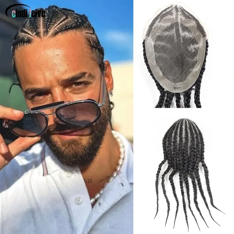 Toupee Color: 20R#, Length: 6 inches, Toupee Size: 7x10 - 1B Cornrow Box Braided Toupee For Men Human HairPiece Breathable Lace With PU Replacement System Hair Prosthesis Units Patch Wig