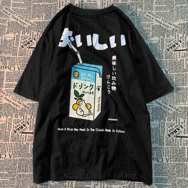 Color: army green, Size: S - Cute Japanese Cat Print Oversized T-shirt men Women Short Sleeve Loose Casual Tee Shirt Streetwear Tops Cotton Harajuku Clothing