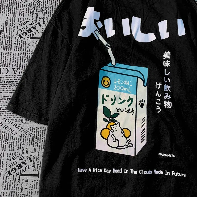 Color: army green, Size: S - Cute Japanese Cat Print Oversized T-shirt men Women Short Sleeve Loose Casual Tee Shirt Streetwear Tops Cotton Harajuku Clothing