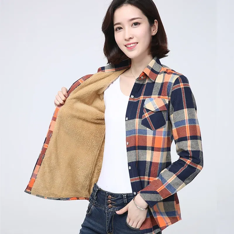Color: Orange, Size: M - 2025 Winter New Women's Warm Plaid Shirt Coat Casual Fleece Velvet Plus Thicke Jacket Tops College Style Woman Clothes Outerwear