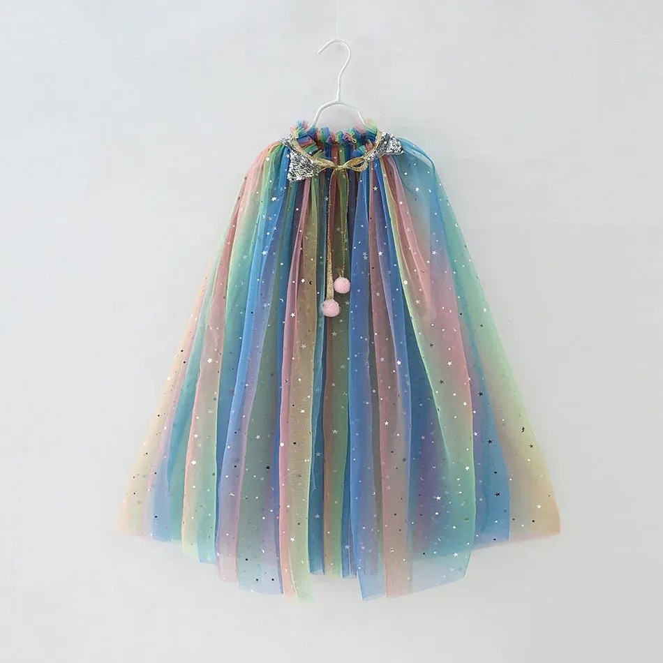 Color: MULTI, Kid Size: 3T - Little Girls Sequins Tulle Cape Children Princess Party Dress Up Cloaks Summer Thin Blue Pink White Halloween Birthday Costumes
