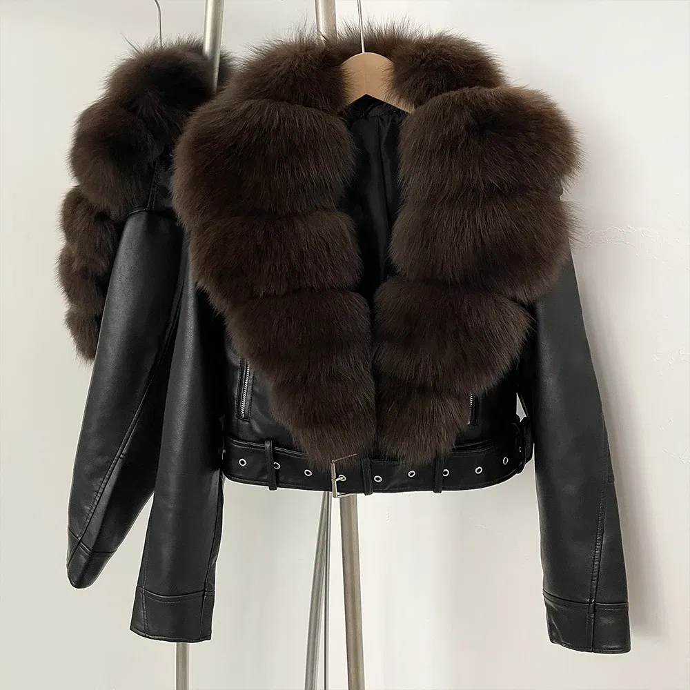 Color: Brown, Size: XS - Fake Leather Coat New Natural Fox Fur Autumn Short Faux Leather Jacket Female Spring PU Women Long Sleeve Real Fur Coat Thin