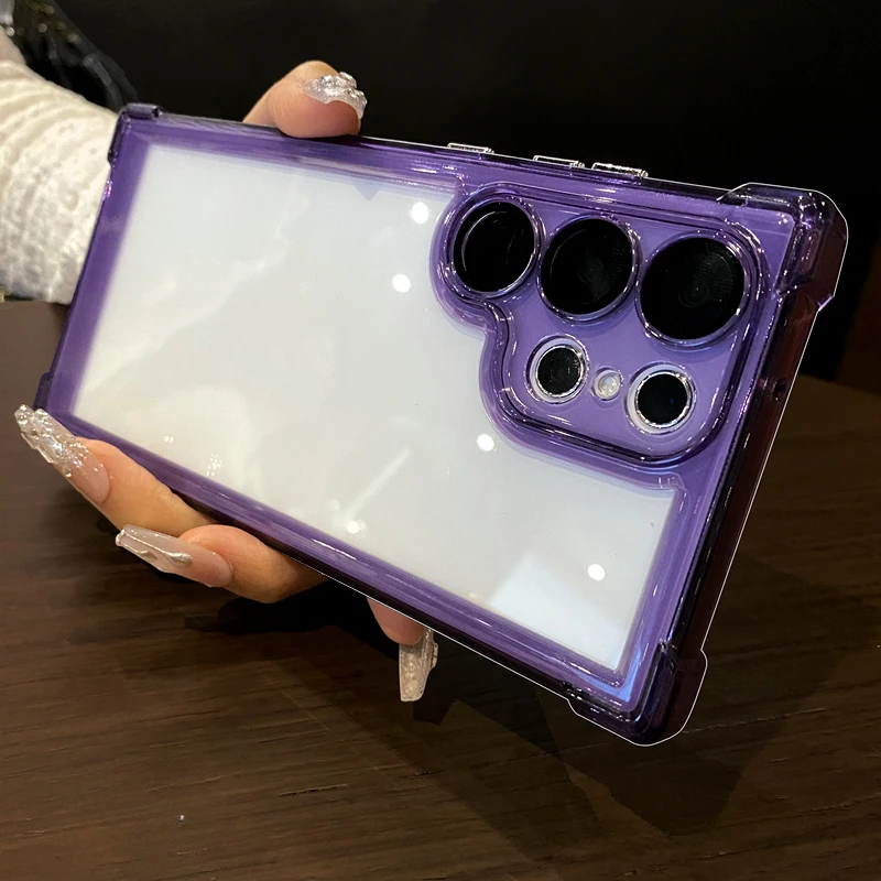 Color: PURPLE, Material: Genuine Leather - Luxury Shockproof Clear Acrylic Case For Samsung Galaxy S24 S23 FE S22 Plus S24 Ultra A34 A54 A15 A25 A35 A55 A53 5G Hard Cover