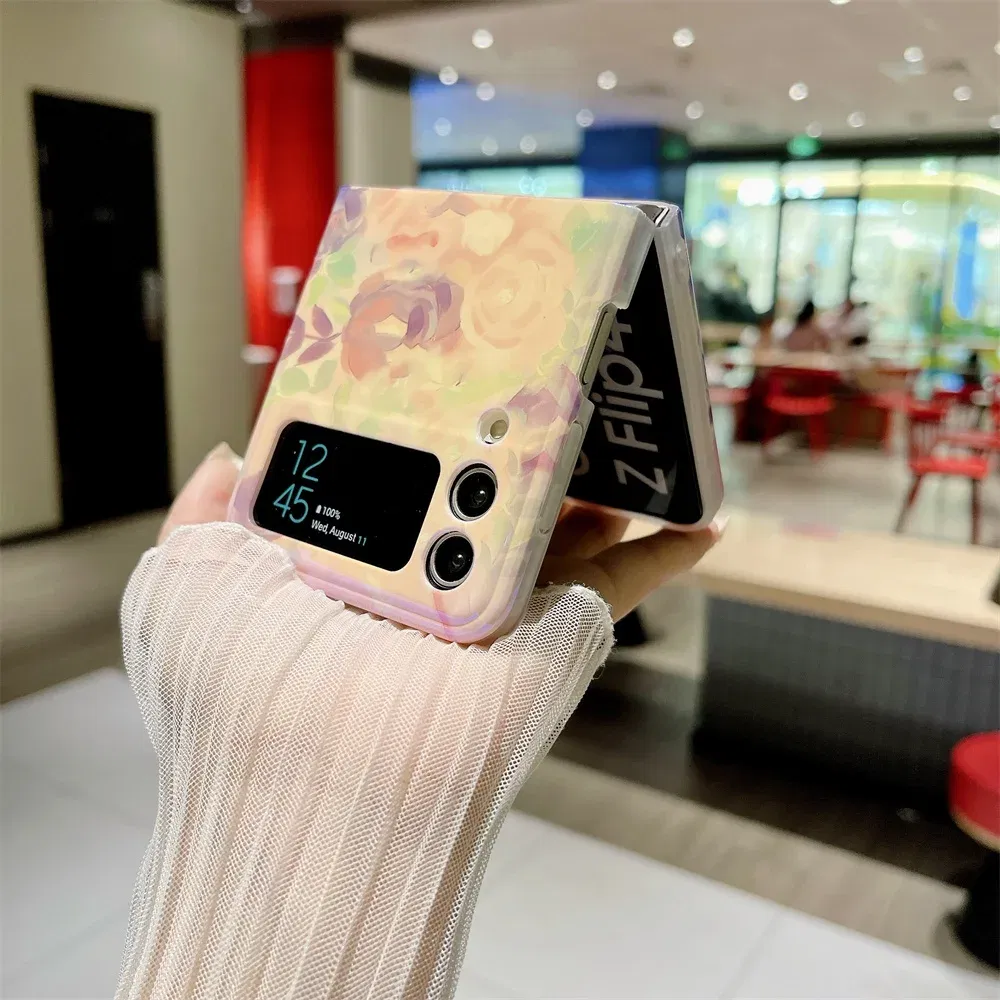Material: Canvas, Color: Beige - Cute Lazy Cat Deer Oil Painting Z Flip 3 4 5 Case Luxury for Samsung Galaxy Z Flip 4 3 5 Z4 Flip4 Flip3 Flip5 Fashion Cover