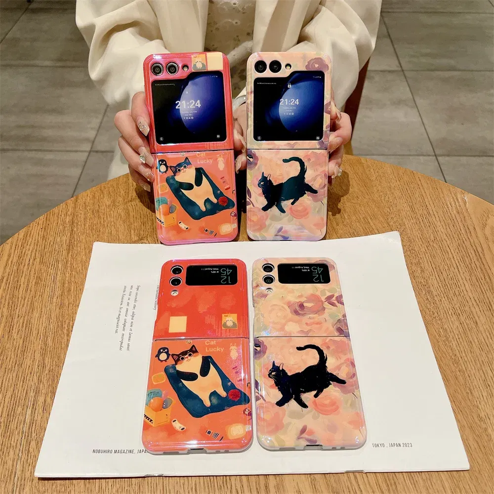 Material: Canvas, Color: Beige - Cute Lazy Cat Deer Oil Painting Z Flip 3 4 5 Case Luxury for Samsung Galaxy Z Flip 4 3 5 Z4 Flip4 Flip3 Flip5 Fashion Cover