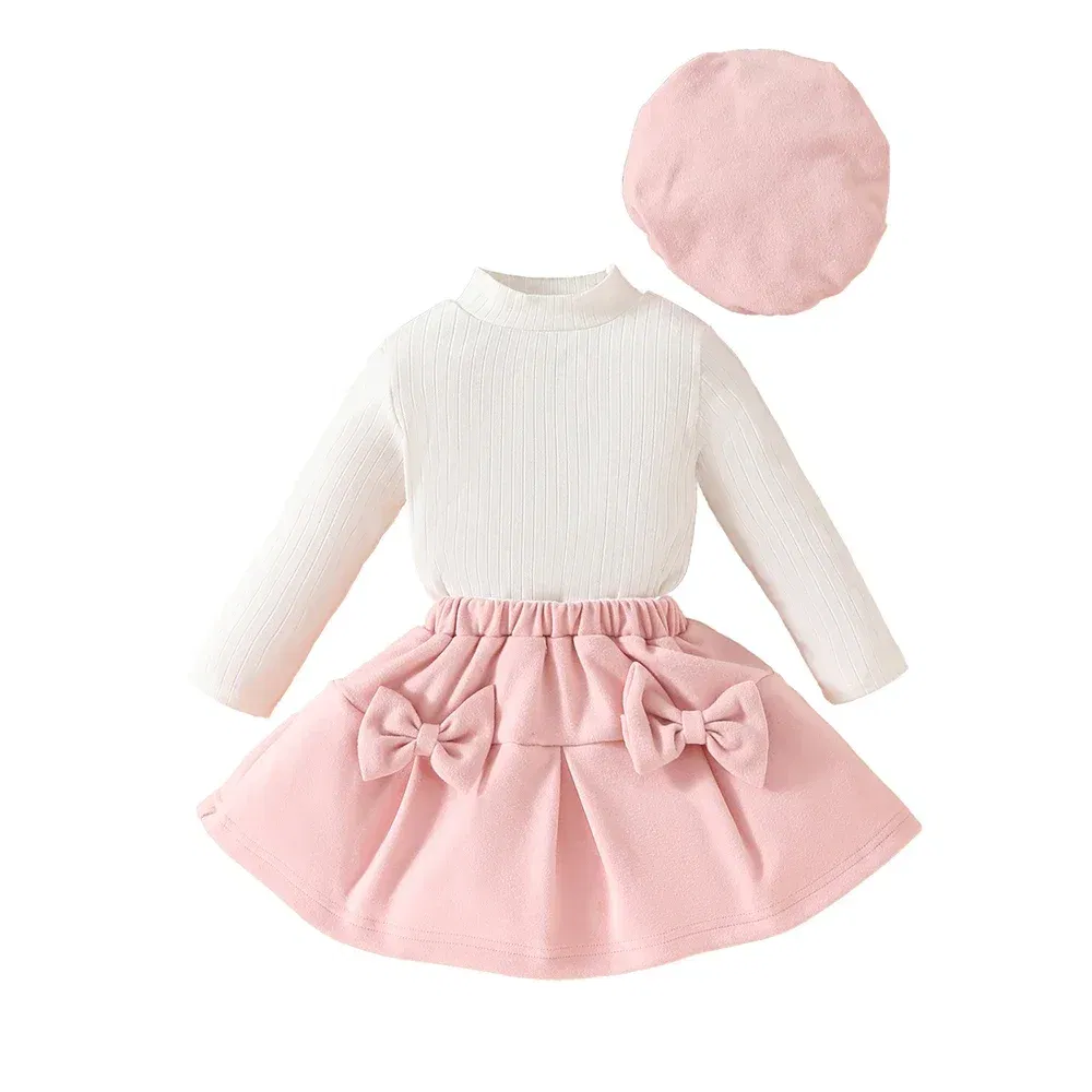 Color: Lavender, Kid Size: 18M - Baby Girls Clothes New Year Set 0-3Y Long Sleeve Big Bow Top Irregular Skirt and Beret 3Pcs Toddler Christmas Clothes