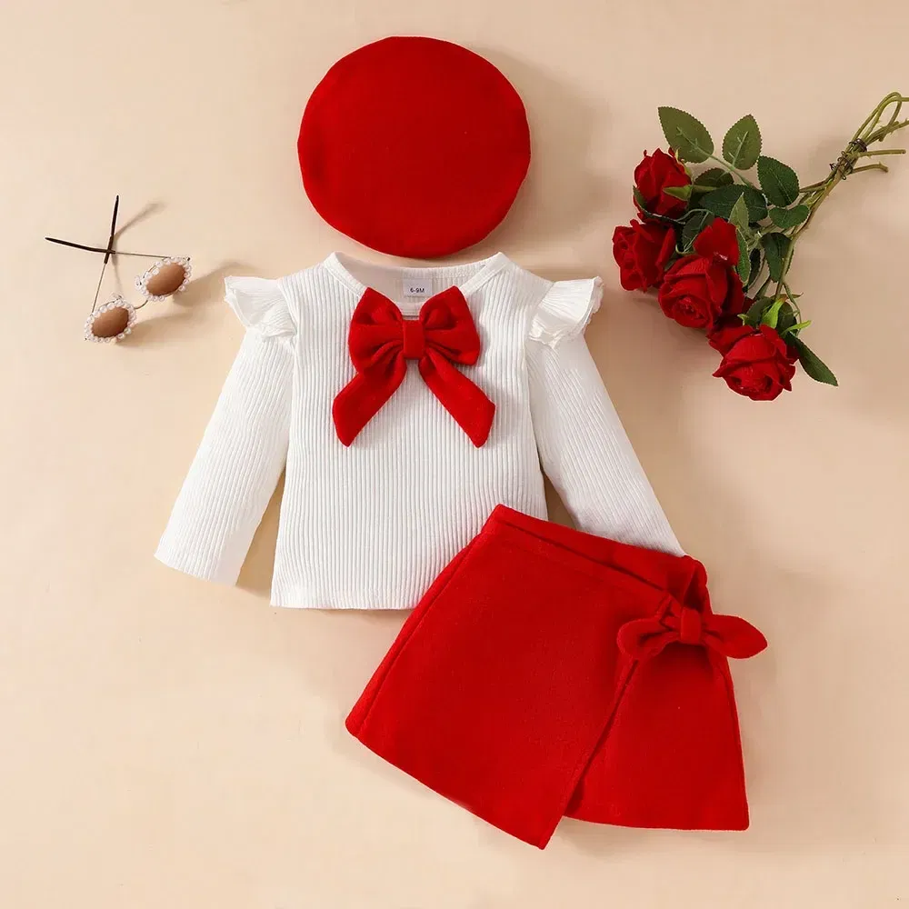 Color: Lavender, Kid Size: 18M - Baby Girls Clothes New Year Set 0-3Y Long Sleeve Big Bow Top Irregular Skirt and Beret 3Pcs Toddler Christmas Clothes