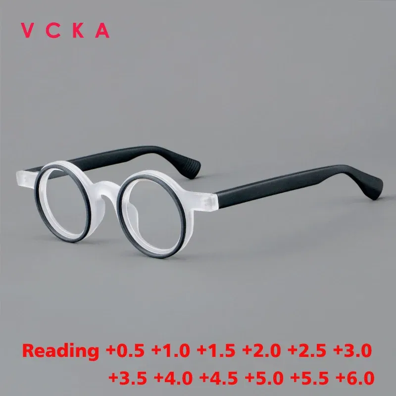Frame Color: Blue, Eye Prescription: +500 - VCKA Round Acetate Photochromic Reading Glasses Frame Men Prescription Anti-blue Eyeglasses Women Custom Eyewear +0.50 to+6.0