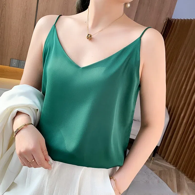 Color: army green, Size: XXL - Fashion Silky Camisole Women's Inner With White Bottoming Satin Top Summer V-neck Thin Section