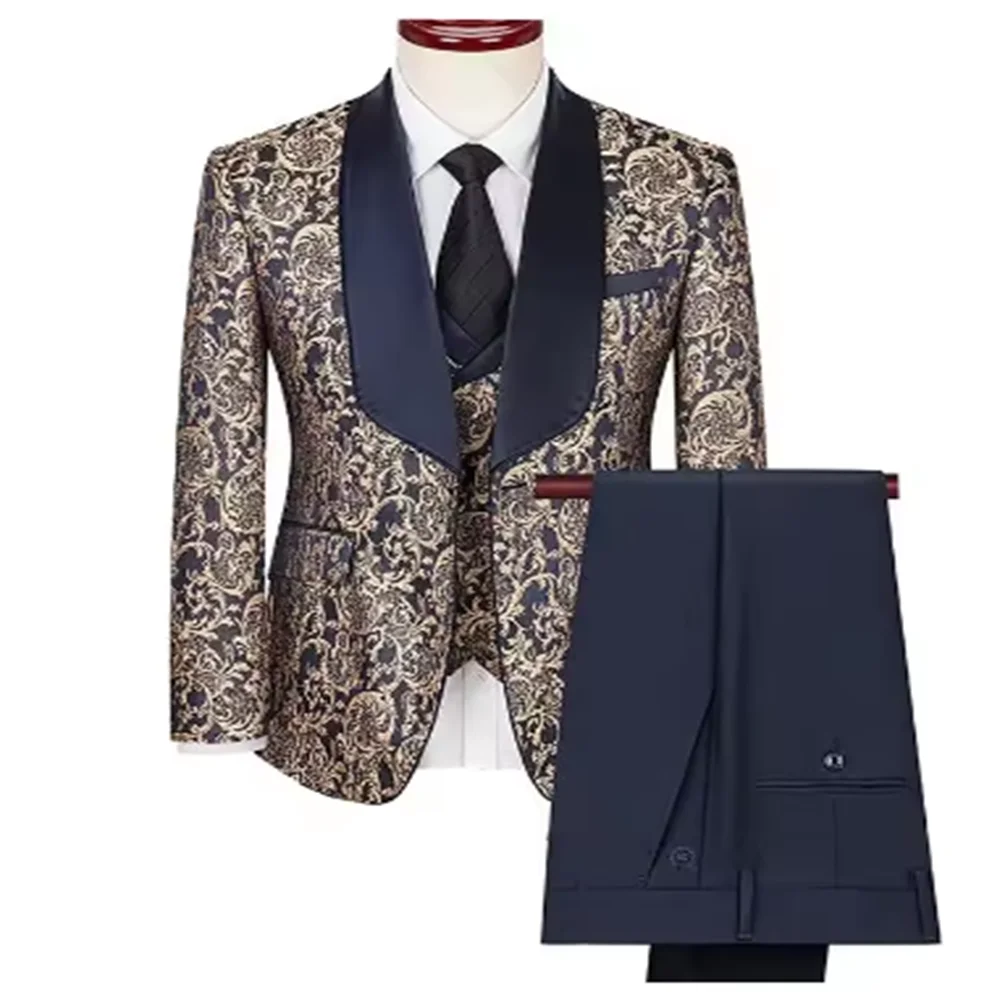 Color: Khaki, Size: XL - Green Men's Suit 3-Piece, Wedding Party Dress Jacket with Vest & Trousers, Asian Size Slim Men Sets, Beige Black Blue Available