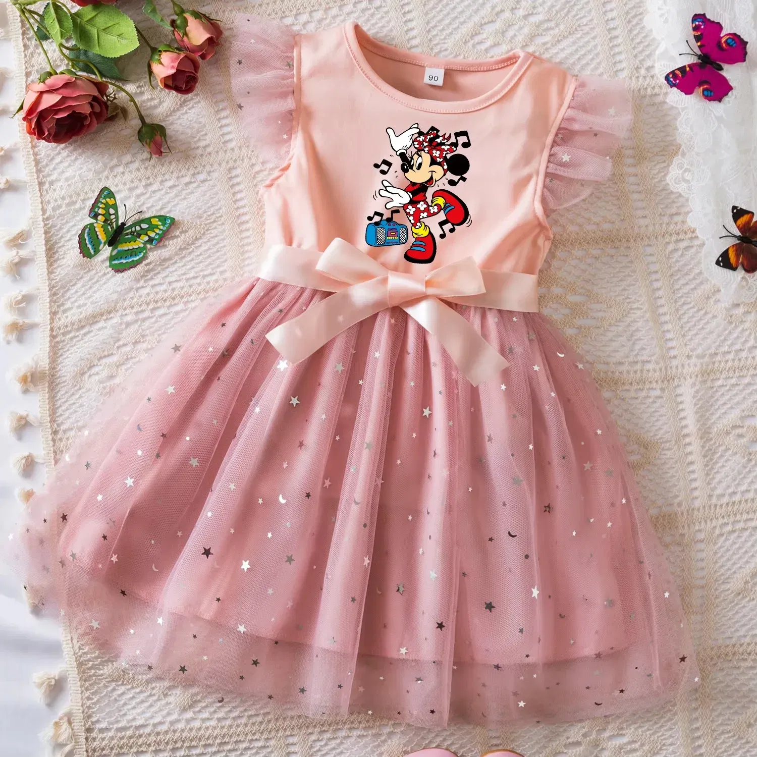 Color: Khaki, Size: XS - Mickey Minnie Mouse Girls Summer Clothes Flying Sleeves Bow Sequin Dress 2-6Y Kid Birthday Tutu Princess Dress for Baby Girl