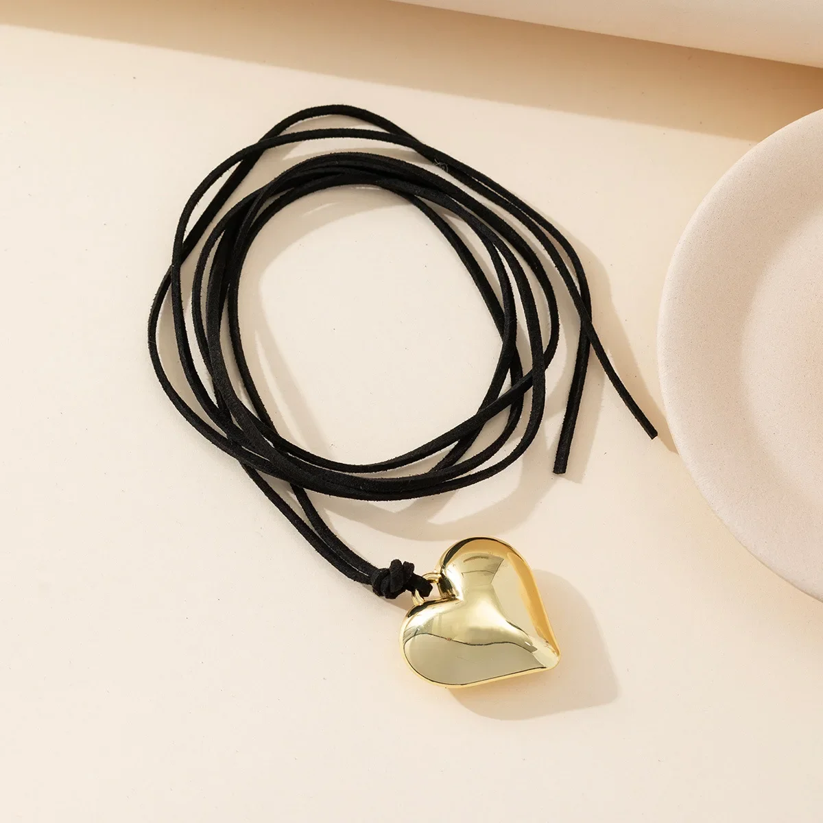Metal Color: RED-BROWN - Punk Black Velvet Big Heart Pendant Choker Necklace for Women PU Leather Weave Knotted Bowknot Adjustable Chain New Jewelry