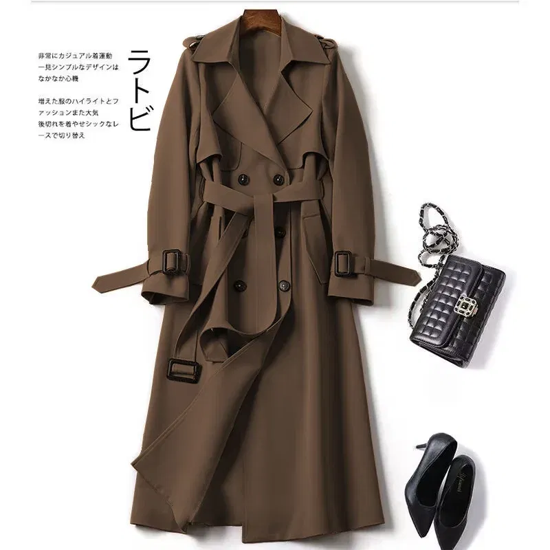 Color: Khaki, Size: L - Autumn Winter Long Sleeve Trench Coat For Women 2024 Fashion Loose Office Lady Long Outerwears Jacket Coats Female Clothing
