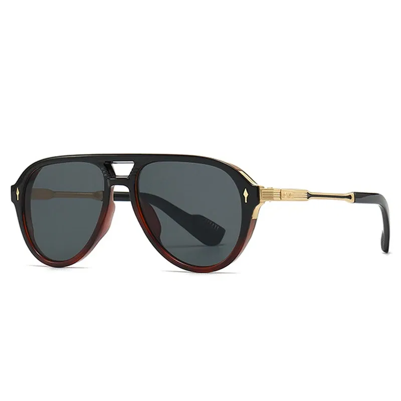 Lenses Color: Brown, Frame Color: other - SHAUNA Retro Double Bridges Pilot Men Sunglasses Fashion Brand Designer Shades UV400 Trending Rivets Women Luxury Sun Glasses