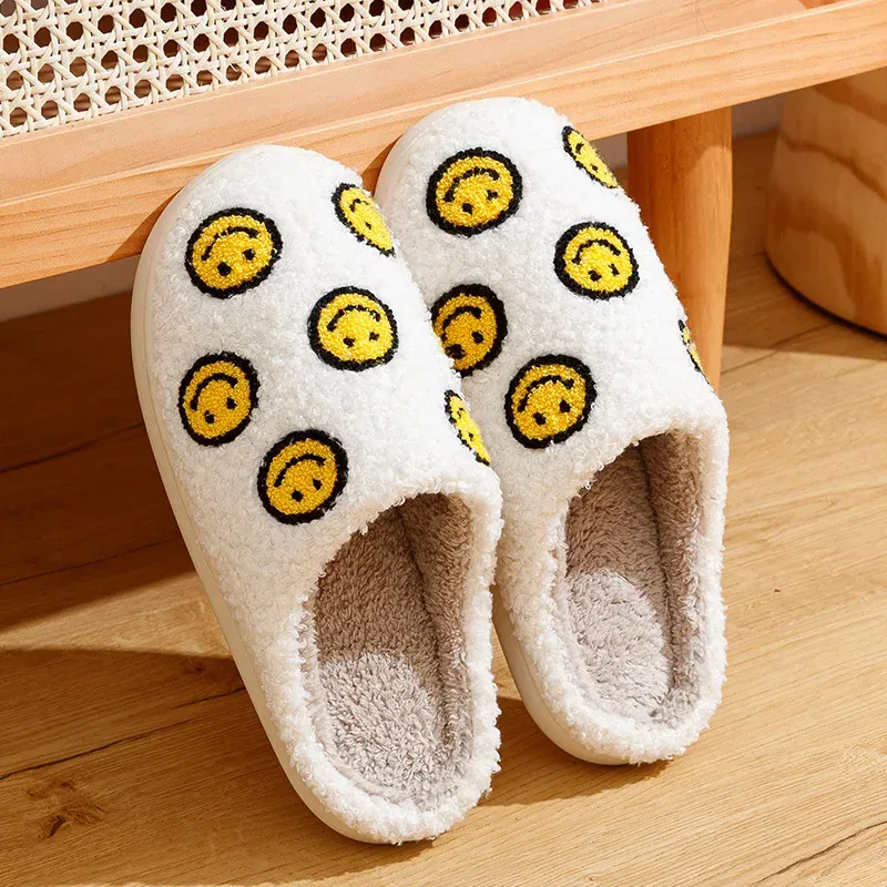 Color: Yellow, Shoe Size: 4.5 - Little Cute Smile Face Slippers Houseshoes Women's House Smile Ladies Indoor Winter Fluffy Cozy Home Comfy Women Shoes