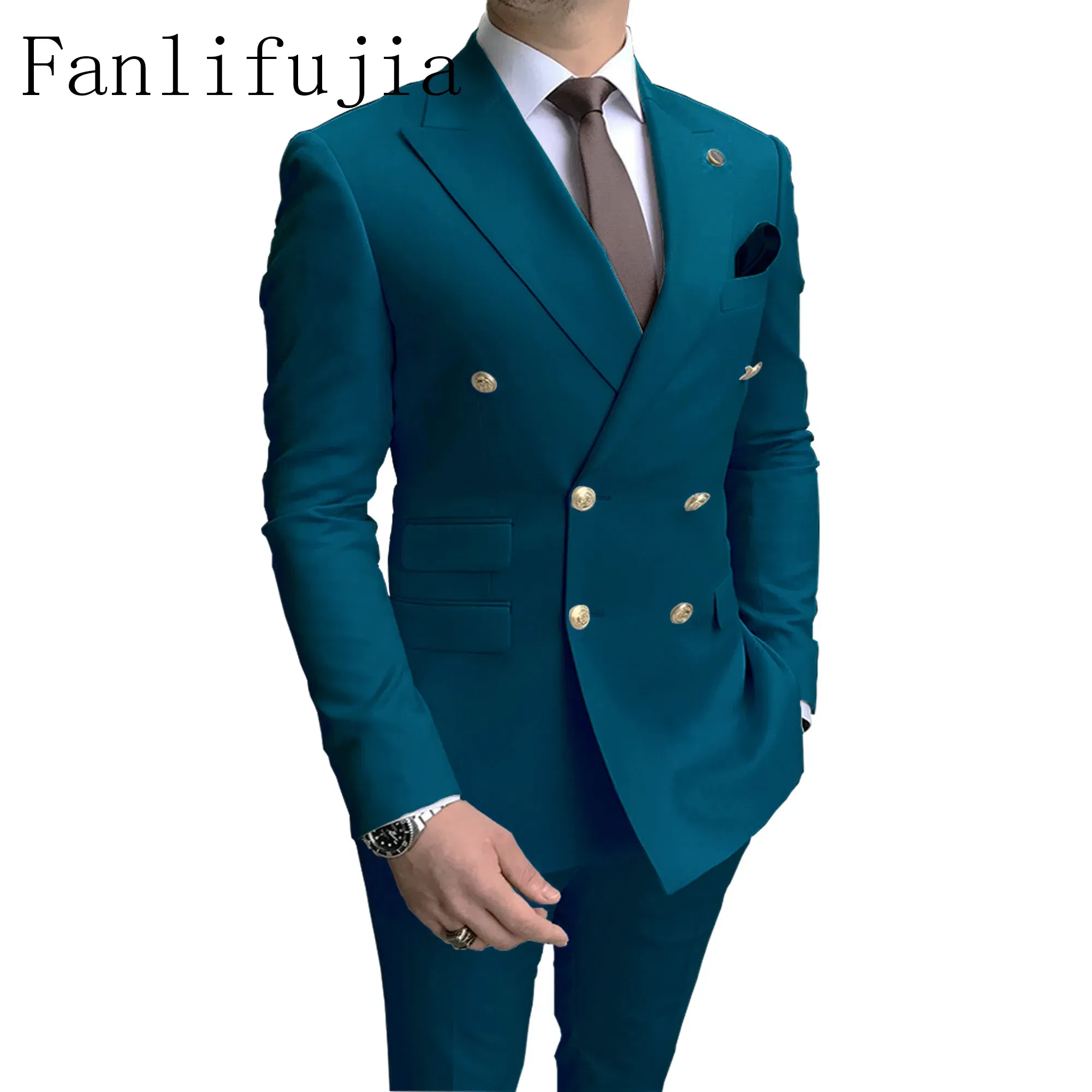 Color: Khaki, Size: XS - Fanlifujia Store 2024 Casual Sky Blue Men Suits Double Brested Peak Lapel  Gold Button Groom Wedding Tuxedos Best Costume Homme