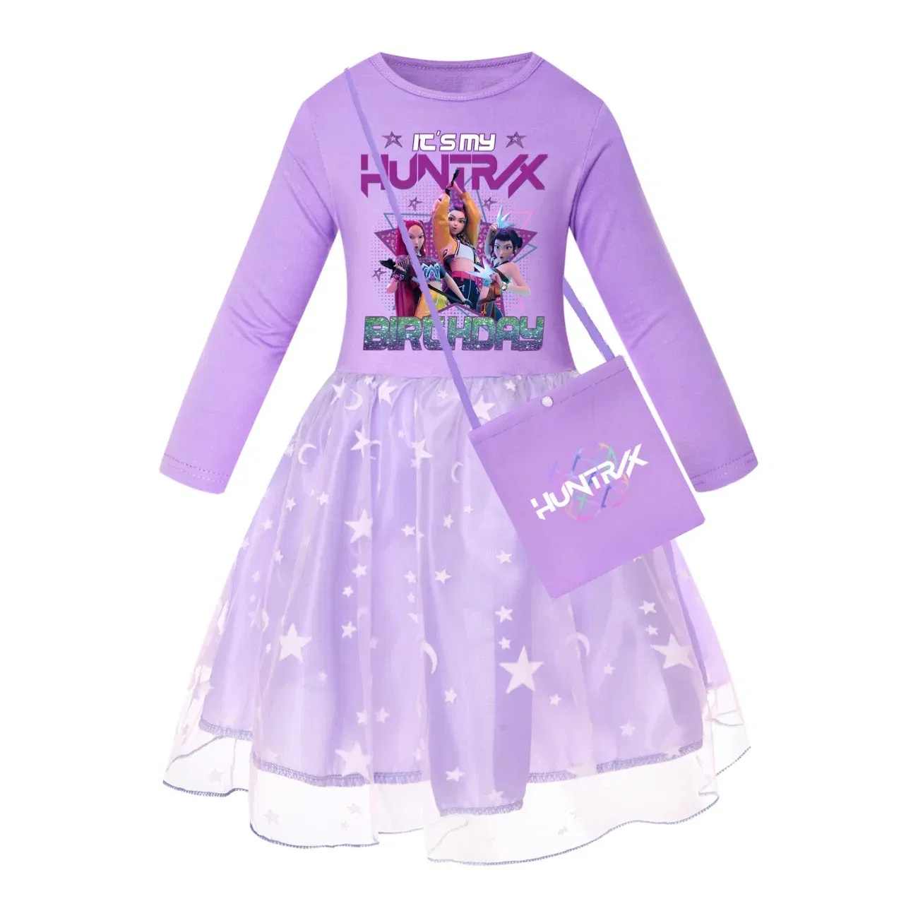 Color: Blue, Kid Size: 2T - KPop Demon Hunters Kids Clothes Long Slevess Dresses Cotton Rainbow Full Dress Teen Fashion Girl's Clothing Party Clothes 5001