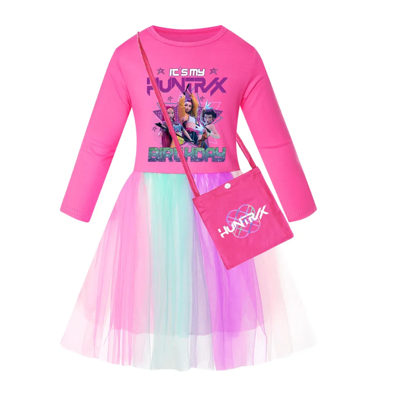 Color: Blue, Kid Size: 2T - KPop Demon Hunters Kids Clothes Long Slevess Dresses Cotton Rainbow Full Dress Teen Fashion Girl's Clothing Party Clothes 5001