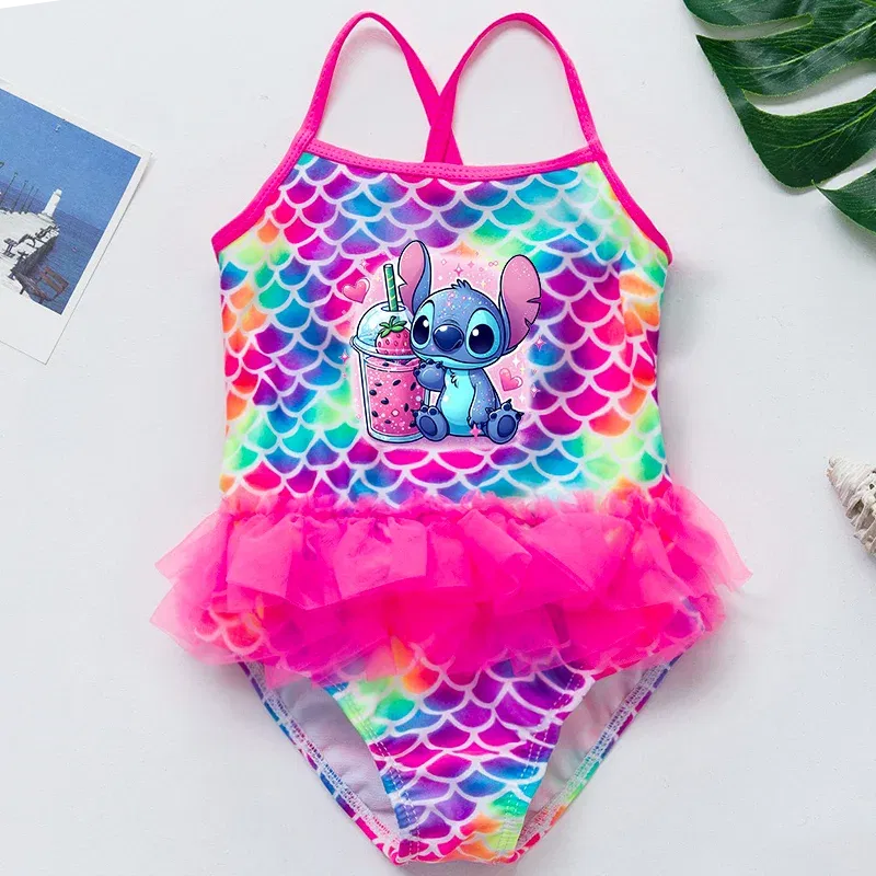 Color: WHITE, Kid Size: 9M - Lilo Stitch Girl Swimsuit Summer One-Piece Swimwear Beachwear Pool Mermaid Fish Scale Print Bikini Bathing Outfit Swimming Wear