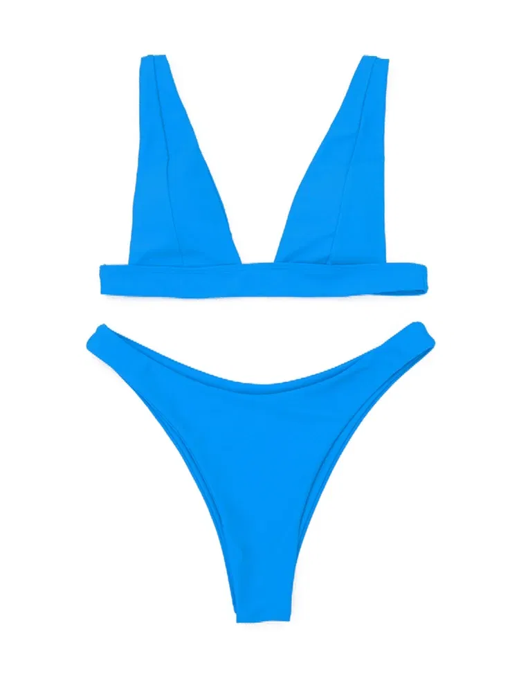 Color: Pink, Size: L - 2023 New Sexy Solid Bikini Women V-neck Swimwear Two Pieces Swimsuit Female Low Waist Bikini Set Brazilian Bathing Suit Bathers