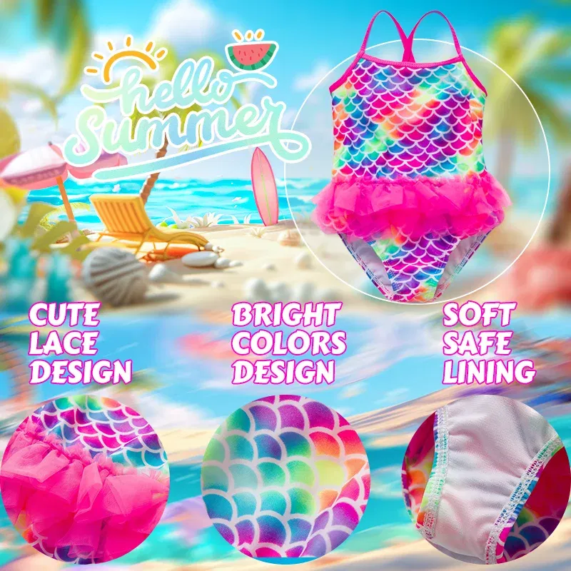 Color: SKY BLUE, Kid Size: 9M - Lilo Stitch Girl Swimsuit Summer One-Piece Swimwear Beachwear Pool Mermaid Fish Scale Print Bikini Bathing Outfit Swimming Wear