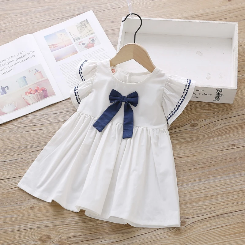 Color: WHITE, Kid Size: 4T - Summer Baby Girl Princess Dress Casual Fashion Baby Girl Flying Sleeve Bow-knot Princess Dress Kids Clothing For 1-6 Years Old
