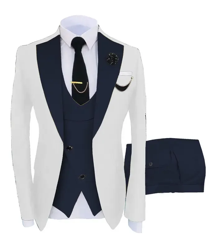 Color: Navy Blue, Size: XXL - 3pcs Men Coat Business Formal Slim Fit Suit Costumes Pour Homme Set Party Vest Pants Wedding Blazer Verde Hombre Terno Masculino