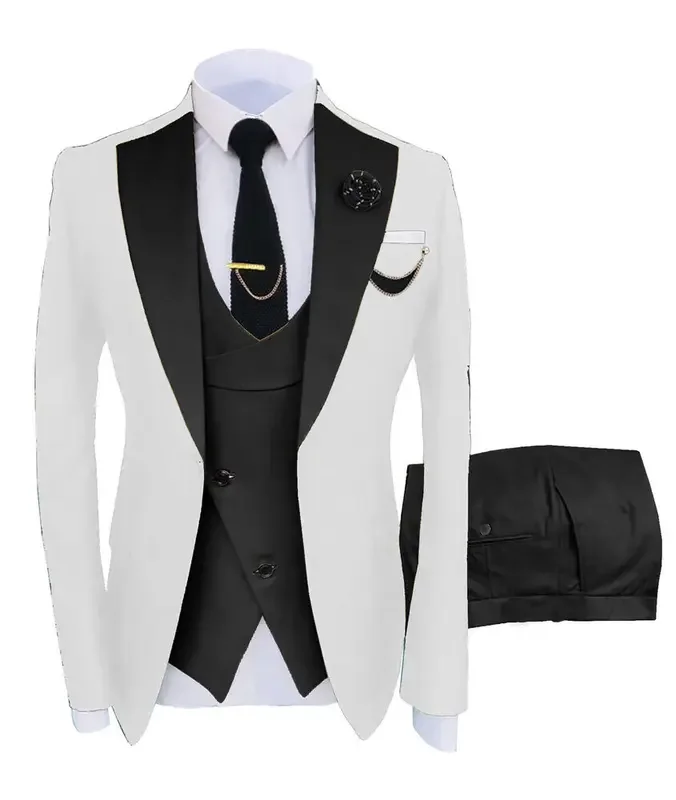 Color: Navy Blue, Size: XXL - 3pcs Men Coat Business Formal Slim Fit Suit Costumes Pour Homme Set Party Vest Pants Wedding Blazer Verde Hombre Terno Masculino