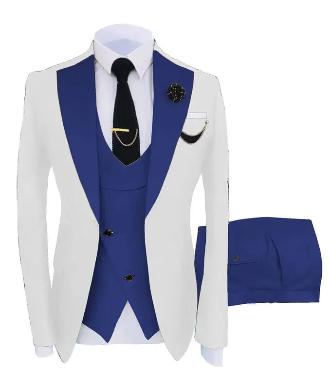 Color: Navy Blue, Size: XXL - 3pcs Men Coat Business Formal Slim Fit Suit Costumes Pour Homme Set Party Vest Pants Wedding Blazer Verde Hombre Terno Masculino