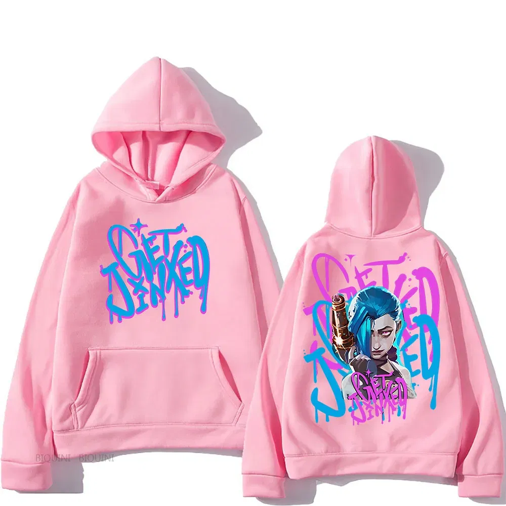 Color: GRAY, Size: XL - Arcane Jinx Cute Hooded Anime Print Harajuku Kawaii Sweatshirt Long-sleeved Cartoon Fleece Clothes Moletom Fashion Pullovers