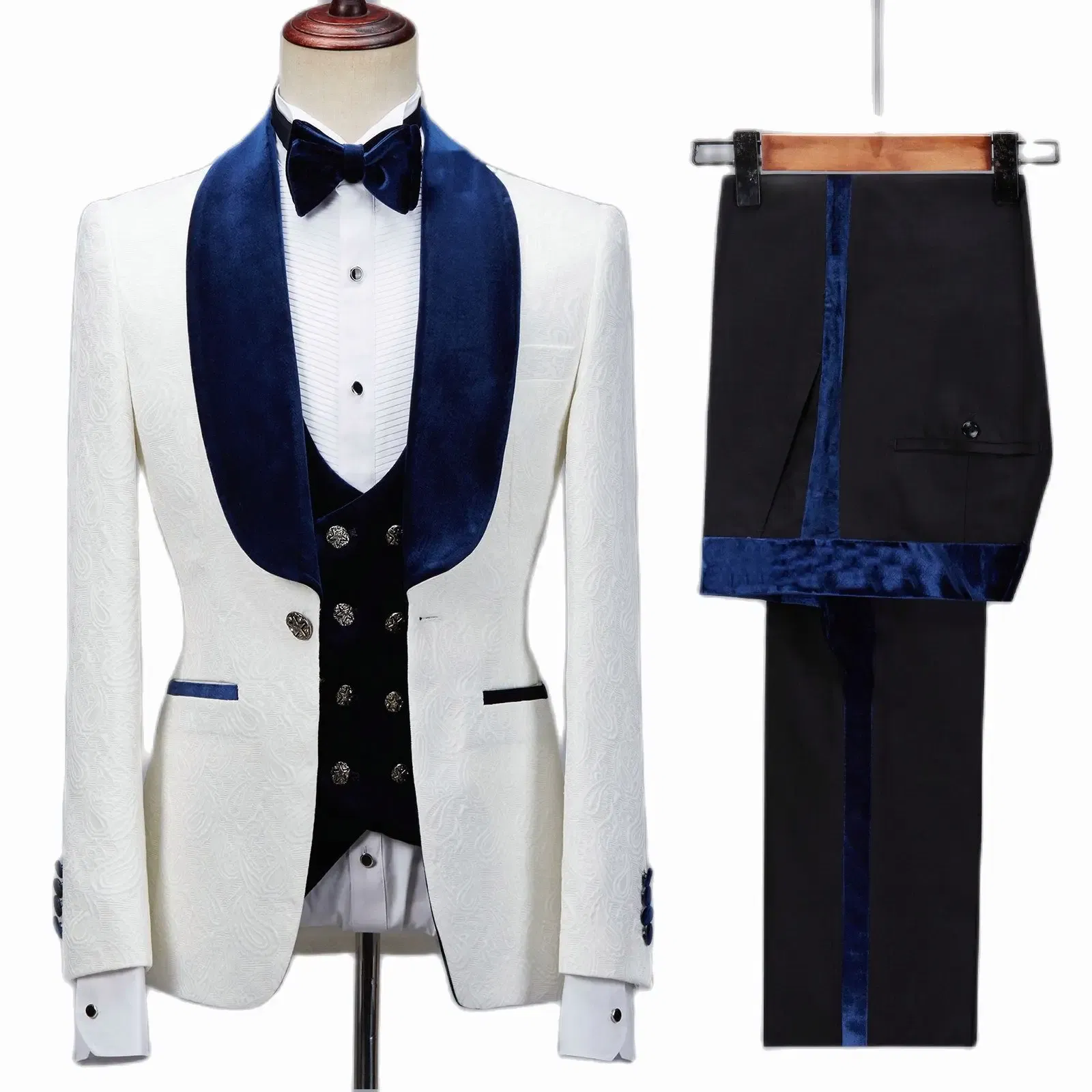 Color: Navy Blue, Size: XXXL - Floral Jacket Men Suit Slim Fit Wedding Tuxedo Navy Blue Velvet Lapel Groom Party Suits Costume Homme Best Man Blazer
