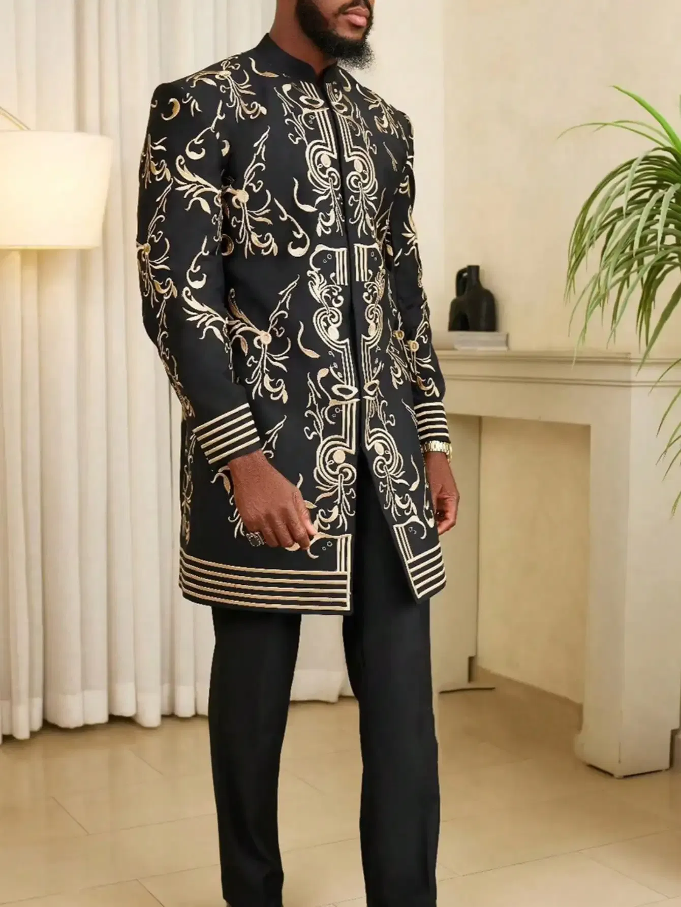 Color: CORAL RED, Size: XXL - 2025 New men's suit, white pocket, 2-piece set, luxury wedding casual suit, traditional African style of ethnic minorities