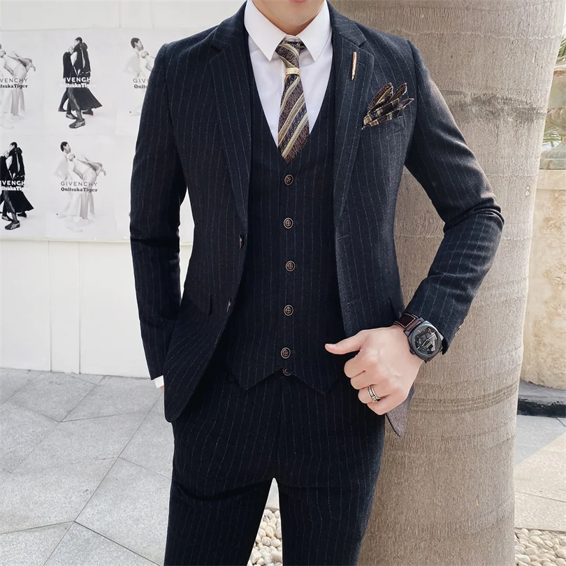 Color: Khaki, Size: XXXL - Gray Men Classic Striped/Checked Suits, Business Office 3 Piece, Asian Size Slim Fit Men Dress Jacket & Pants with Vest, S-4XL