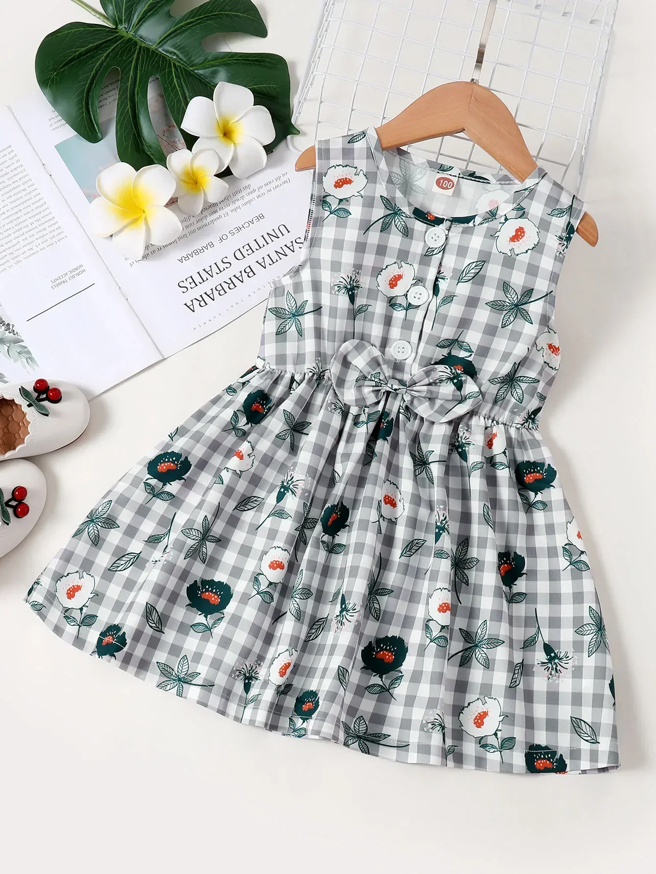 Color: Black, Kid Size: 24M - Kids Girl Princess Dress Flower print Checkered Style Lovely Bow Sleeveless Skirts Casual Daily Wear For Children Girl 1-6 Years