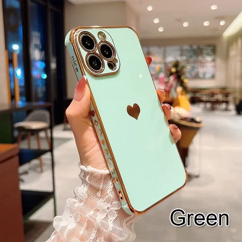 Color: Blue, Compatible-Phone Models: For iPhone 16 Plus, Ships From: CN - Electroplating Side Love Heart Phone Case For IPhone 16 15 14 13 12 11 Pro Max XR 8 Plus SE2/SE3 Shockproof Back Cover