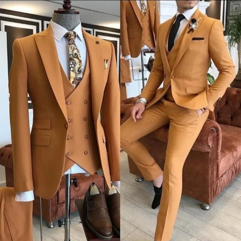 Color: Khaki, Size: S, Ships From: CHINA - Groom Wear 3 Pieces Gray Men Suits 2021 Slim Fit Peak Lapel One Button Tailor Made Terno Masculino (Jacket+Pants+Vest+Tie?‰