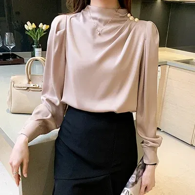 Color: Pink, Size: XL, Ships From: CHINA - Spring Autumn Elegant Office Women Shirt Mujer Chic Satin Formal Lantern Sleeve Blouse Tops Loose Pullover Jumper Street Clothes