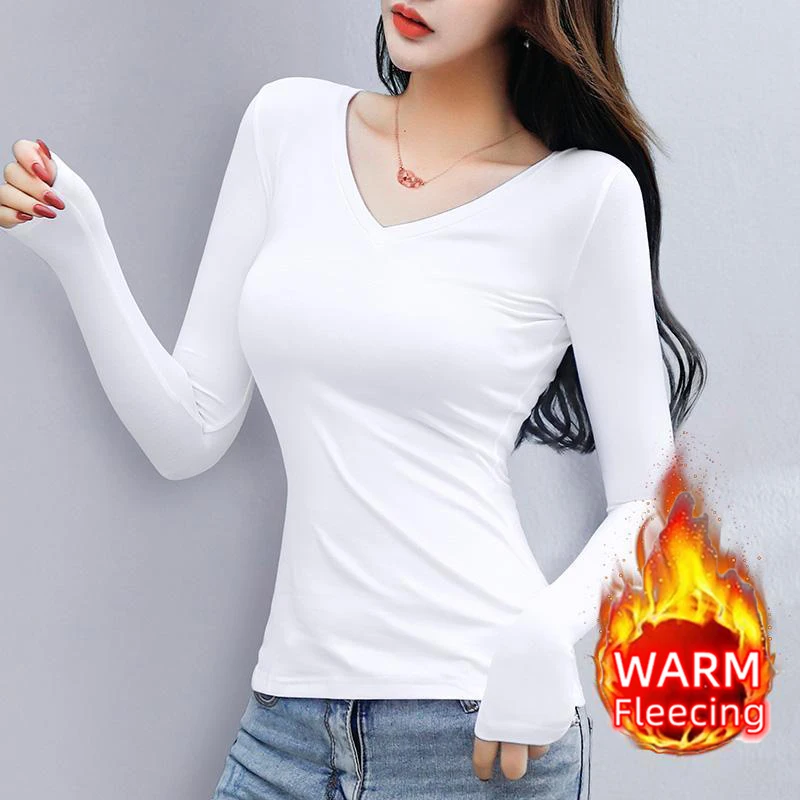 Color: Beige, Size: XXXL - O Neck Long Sleeve Fleeceing Heating Fiber Thermal Basic T-Shirts Women Winter Bottoming Cropped Tops Casual Skinny All-match