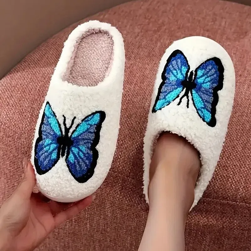 Color: Blue, Shoe Size: 42-43 - Lucyever Butterfly Embroidery Plush Woman Slippers Non Slip Soft Home Slides Shoes Women Winter Comfy Warm Cotton Shoes Female