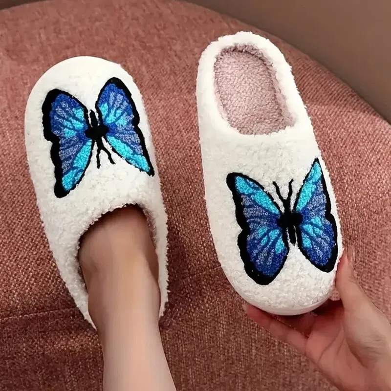 Color: Blue, Shoe Size: 42-43 - Lucyever Butterfly Embroidery Plush Woman Slippers Non Slip Soft Home Slides Shoes Women Winter Comfy Warm Cotton Shoes Female