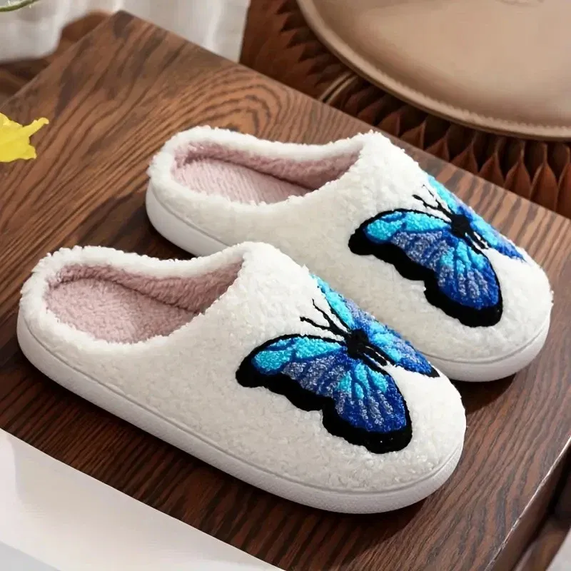 Color: Blue, Shoe Size: 42-43 - Lucyever Butterfly Embroidery Plush Woman Slippers Non Slip Soft Home Slides Shoes Women Winter Comfy Warm Cotton Shoes Female