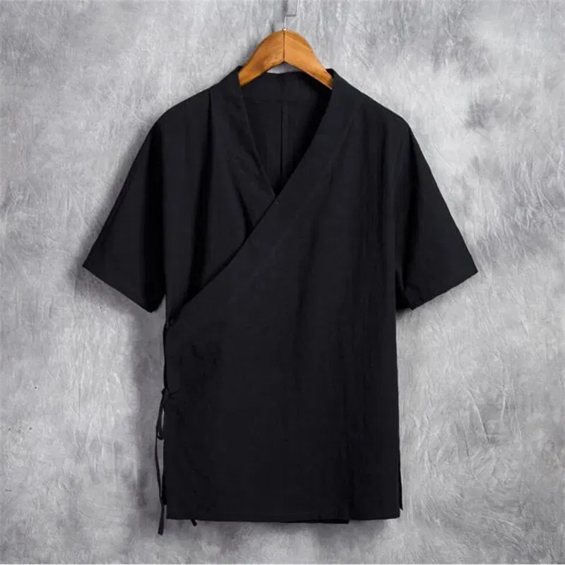 Color: Dark Grey, Size: XXL - Men Cotton Linen Short sleeve Kung Fu Shirt Classic Chinese Style Tang Clothing Size M-6XL