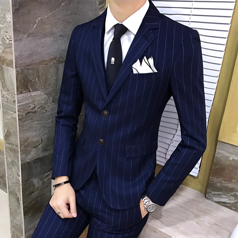 Color: SKY BLUE, Size: M - Gray Men Classic Striped/Checked Suits, Business Office 3 Piece, Asian Size Slim Fit Men Dress Jacket & Pants with Vest, S-4XL