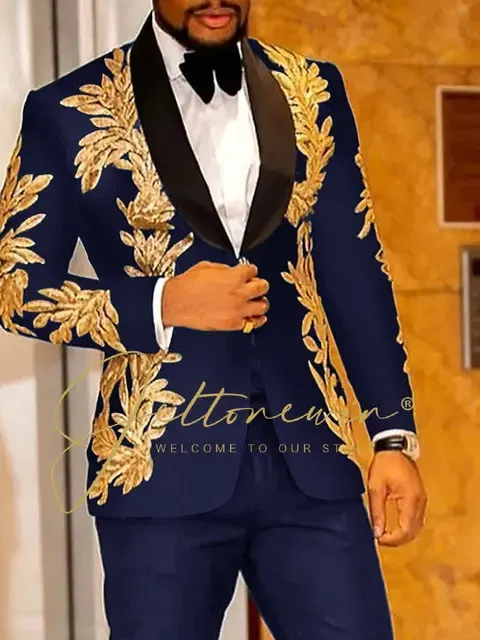 Color: ROYAL BLUE, Size: M - Luxury Groom Wedding Tuxedos Gold Sequins Appliques Black Men Suits Slim Fit Costume Homme Marriage Prom Suits