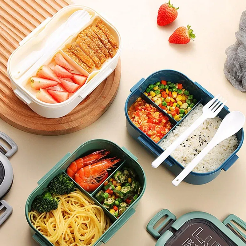 Color: WHITE, Number of Compartments: 5, Number of Tiers: 2, Lunch Box Capacity: 1000ml - 1200ML 2 Layer Bento Lunch Box With Spoon Fork, Kid High Capacity Microwae Food Containers Portable Leakproof Office Camping