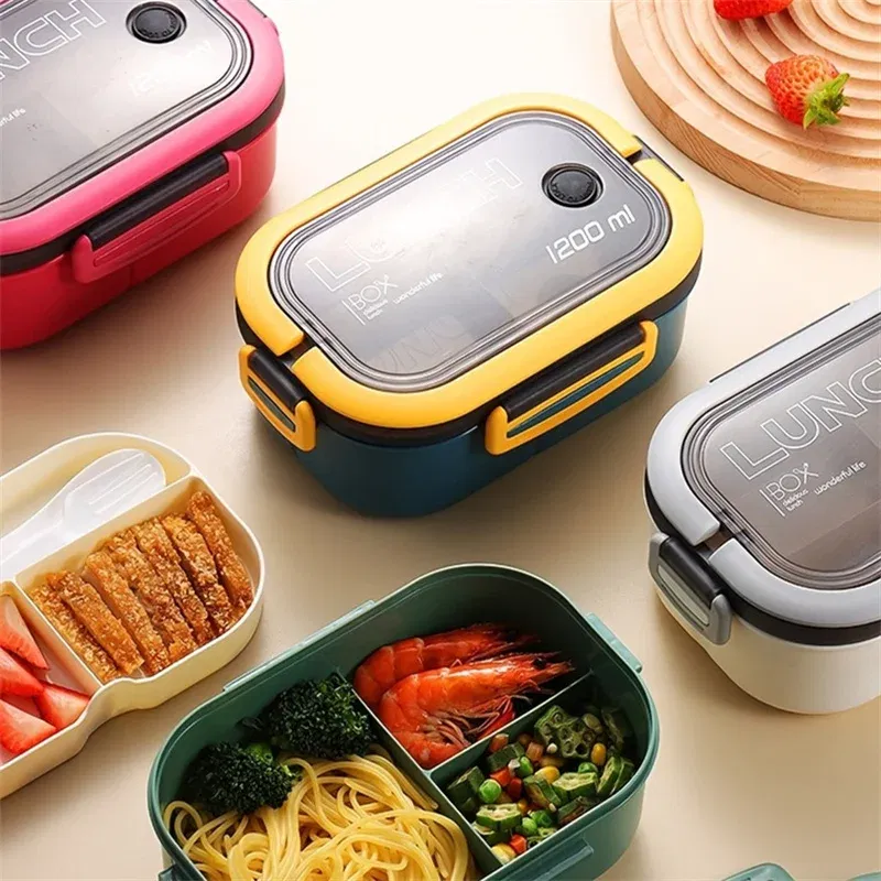 Color: WHITE, Number of Compartments: 5, Number of Tiers: 2, Lunch Box Capacity: 1000ml - 1200ML 2 Layer Bento Lunch Box With Spoon Fork, Kid High Capacity Microwae Food Containers Portable Leakproof Office Camping