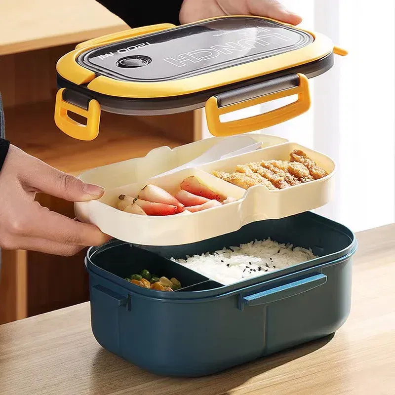 Color: WHITE, Number of Compartments: 5, Number of Tiers: 2, Lunch Box Capacity: 1000ml - 1200ML 2 Layer Bento Lunch Box With Spoon Fork, Kid High Capacity Microwae Food Containers Portable Leakproof Office Camping