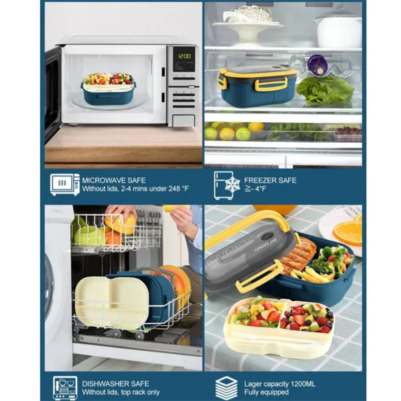 Color: WHITE, Number of Compartments: 5, Number of Tiers: 2, Lunch Box Capacity: 1000ml - 1200ML 2 Layer Bento Lunch Box With Spoon Fork, Kid High Capacity Microwae Food Containers Portable Leakproof Office Camping